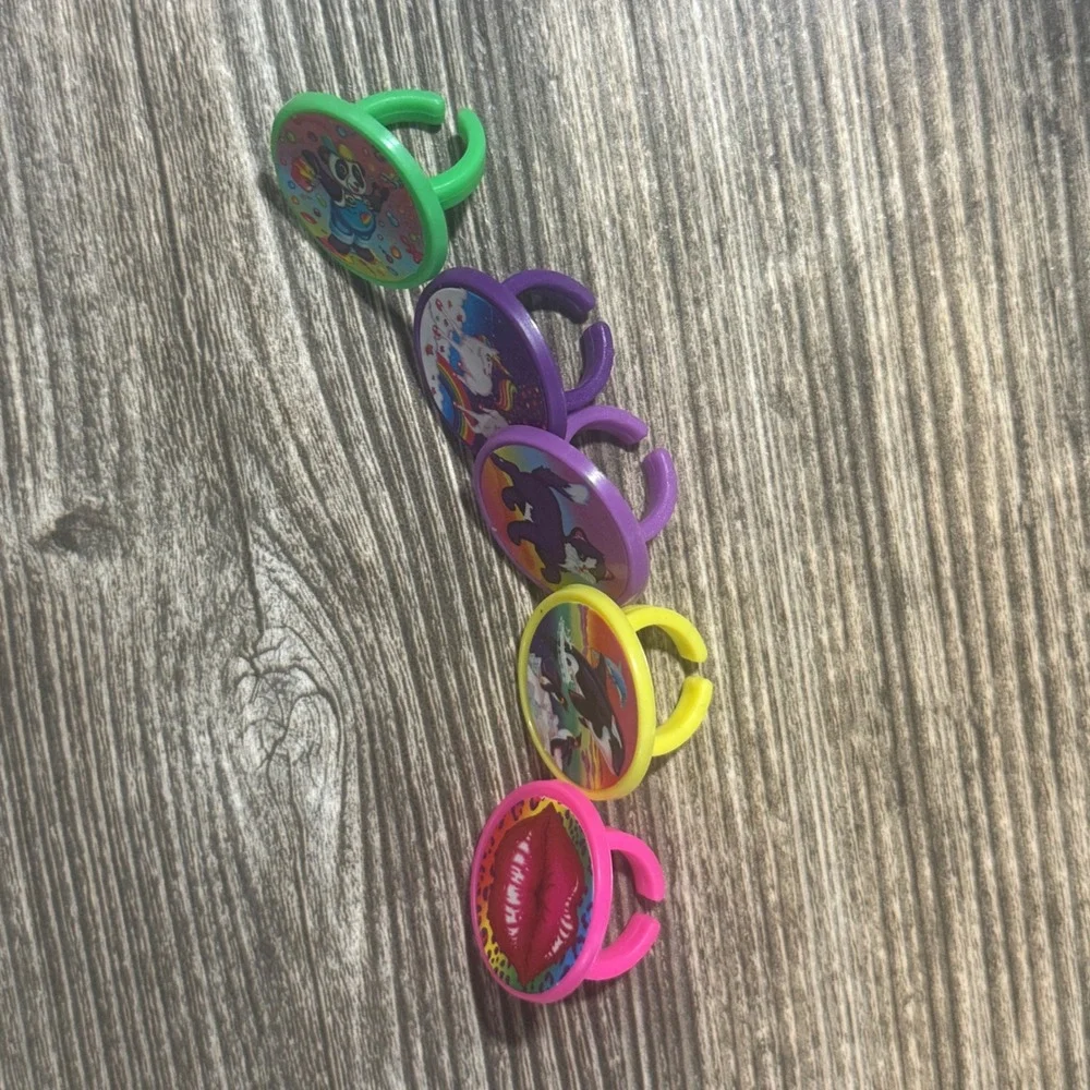 Vintage Lisa Frank Plastic  Rings Lot of 5 Panda Unicorn Cat Orca Lips